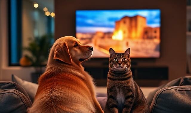 Pes a kočka sledují televizi v obývacím pokoji