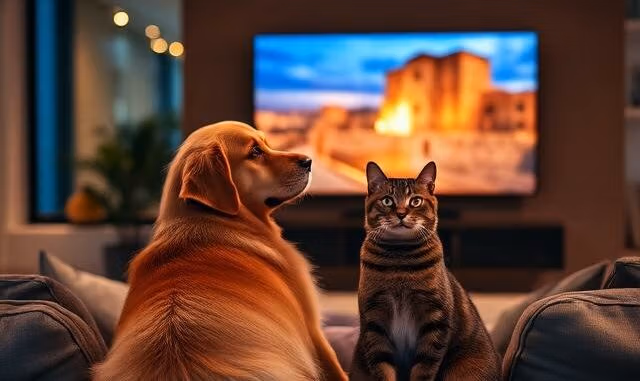 Pes a kočka sledují televizi v obývacím pokoji