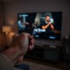 ovladač namířený na televizi s reklamou