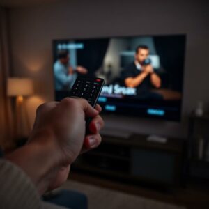 ovladač namířený na televizi s reklamou