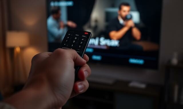 ovladač namířený na televizi s reklamou