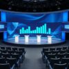 Televizní studio s řečnickými pulty připravené na předvolební debatu