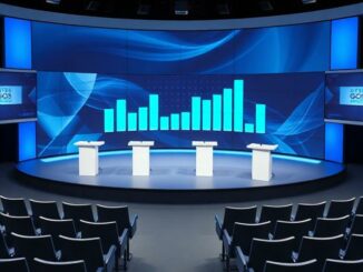 Televizní studio s řečnickými pulty připravené na předvolební debatu