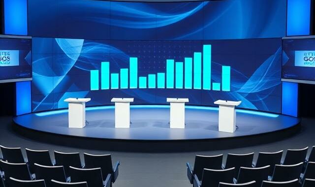 Televizní studio s řečnickými pulty připravené na předvolební debatu