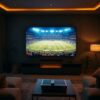 Televize v obývacím pokoji se sportovním přenosem z fotbalového stadionu