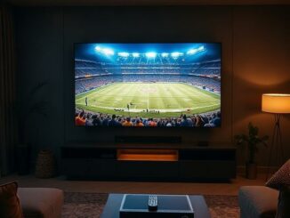 Televize v obývacím pokoji se sportovním přenosem z fotbalového stadionu