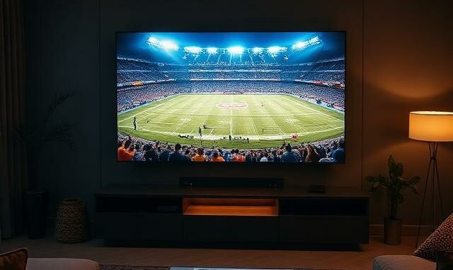 Televize v obývacím pokoji se sportovním přenosem z fotbalového stadionu