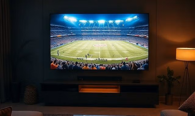 Televize v obývacím pokoji se sportovním přenosem z fotbalového stadionu