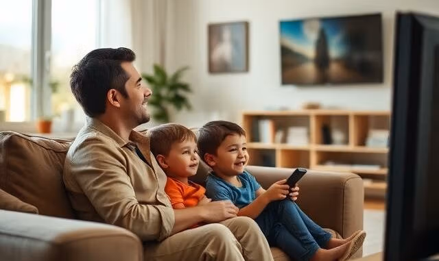 rodič s dětmi u televize v obývacím pokoji