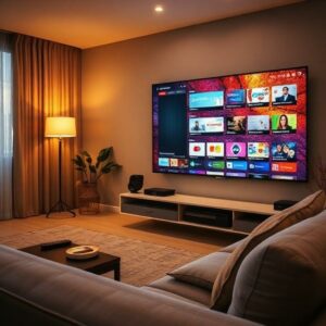 Obývací pokoj s chytrou televizí zobrazující přehled televizních kanálů