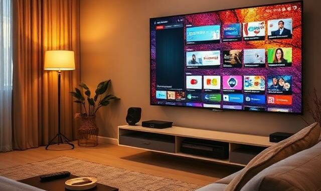 Obývací pokoj s chytrou televizí zobrazující přehled televizních kanálů
