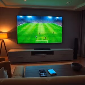Obývací pokoj s velkým televizorem, na kterém běží přenos fotbalového zápasu