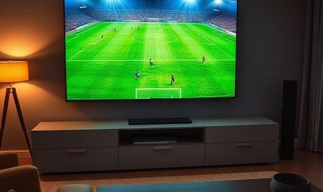Obývací pokoj s velkým televizorem, na kterém běží přenos fotbalového zápasu