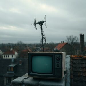 Stará televizní anténa na střeše nad českým městem a vypnutý televizor