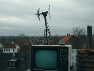 Stará televizní anténa na střeše nad českým městem a vypnutý televizor