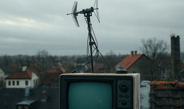 Stará televizní anténa na střeše nad českým městem a vypnutý televizor