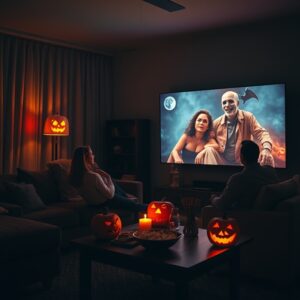Halloweenský večer u televize s dýněmi a hororem na obrazovce