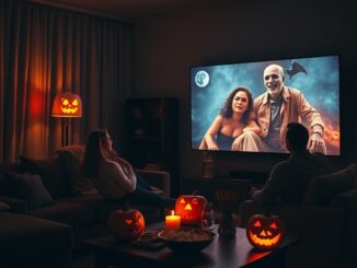 Halloweenský večer u televize s dýněmi a hororem na obrazovce