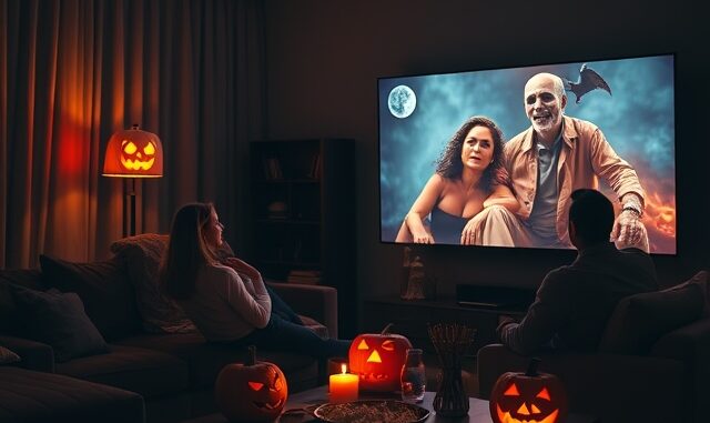 Halloweenský večer u televize s dýněmi a hororem na obrazovce