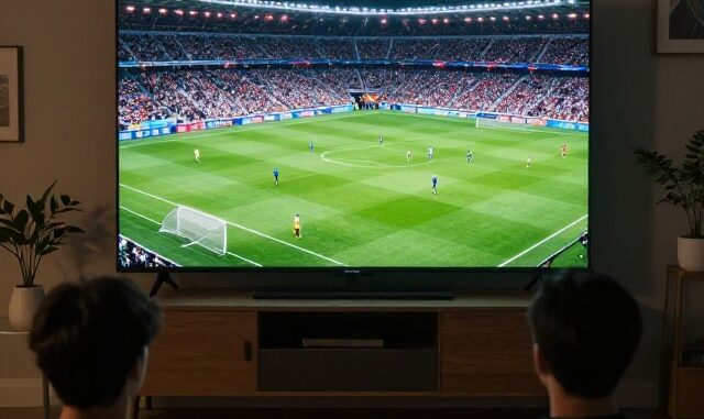 Fanoušci sledují fotbalový zápas v televizi