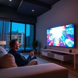 Nepřeskočitelná reklama na obrazovce chytré televize v obývacím pokoji