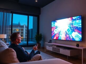Nepřeskočitelná reklama na obrazovce chytré televize v obývacím pokoji