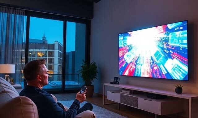 Nepřeskočitelná reklama na obrazovce chytré televize v obývacím pokoji
