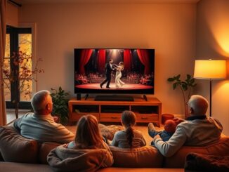 Rodina sleduje večer taneční show v televizi
