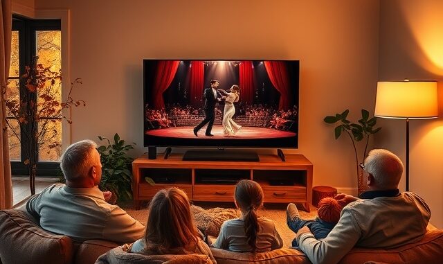 Rodina sleduje večer taneční show v televizi