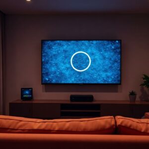 Televize v obývacím pokoji s načítacím kolečkem a Wi-Fi routerem