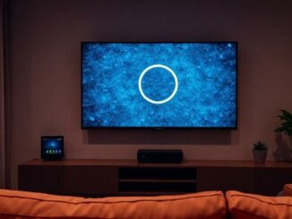 Televize v obývacím pokoji s načítacím kolečkem a Wi-Fi routerem