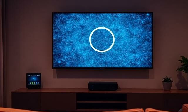 Televize v obývacím pokoji s načítacím kolečkem a Wi-Fi routerem