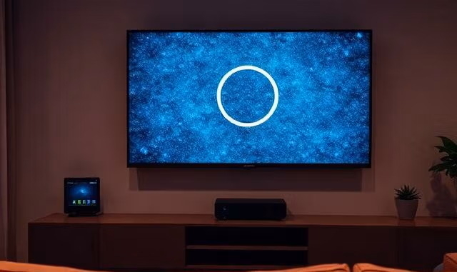 Televize v obývacím pokoji s načítacím kolečkem a Wi-Fi routerem