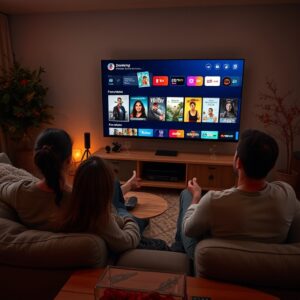 Pár sleduje streamovací službu na televizi v obýváku