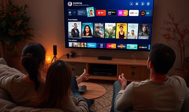 Pár sleduje streamovací službu na televizi v obýváku