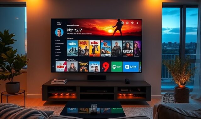 Televize v obývacím pokoji se zapnutou streamovací službou