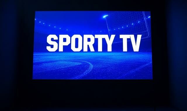 Televizní obrazovka s nápisem Sporty TV v setmělém studiu