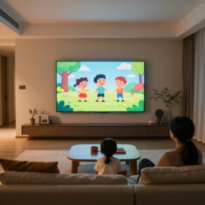 Rodina s dítětem sleduje dětský pořad v televizi