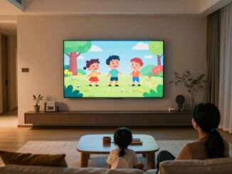 Rodina s dítětem sleduje dětský pořad v televizi