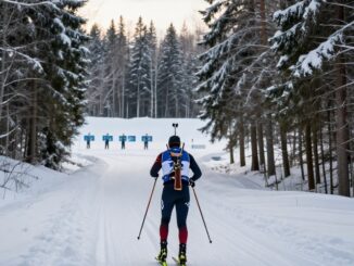 Biatlonista na zasněžené trati se střelnicí v pozadí
