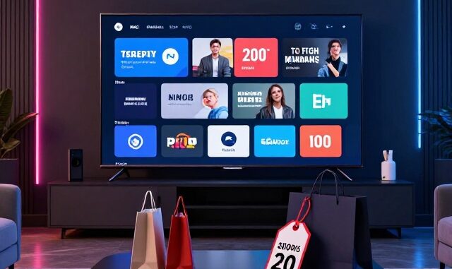 Chytrá televize a nákupní tašky se slevou v obývacím pokoji