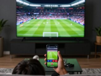 Fanoušek sleduje sportovní sestřihy na mobilu před televizí