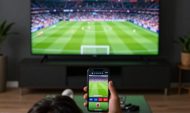 Fanoušek sleduje sportovní sestřihy na mobilu před televizí