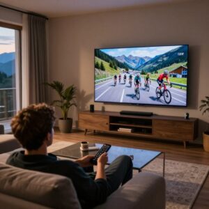 Divák sleduje cyklistický závod v televizi
