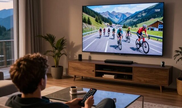 Divák sleduje cyklistický závod v televizi