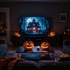 Halloweenský večer u televize s vyřezanými dýněmi