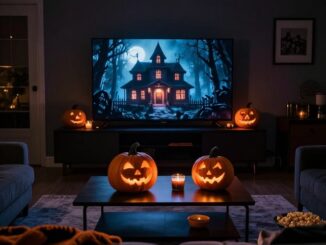 Halloweenský večer u televize s vyřezanými dýněmi