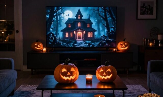 Halloweenský večer u televize s vyřezanými dýněmi