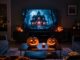 Halloweenský večer u televize s vyřezanými dýněmi