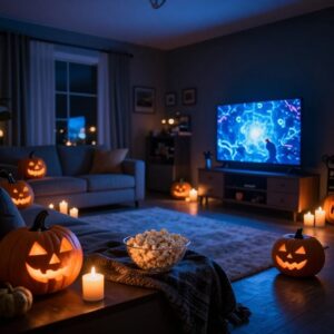 Obývací pokoj s dýněmi a rozsvícenou televizí o Halloweenu